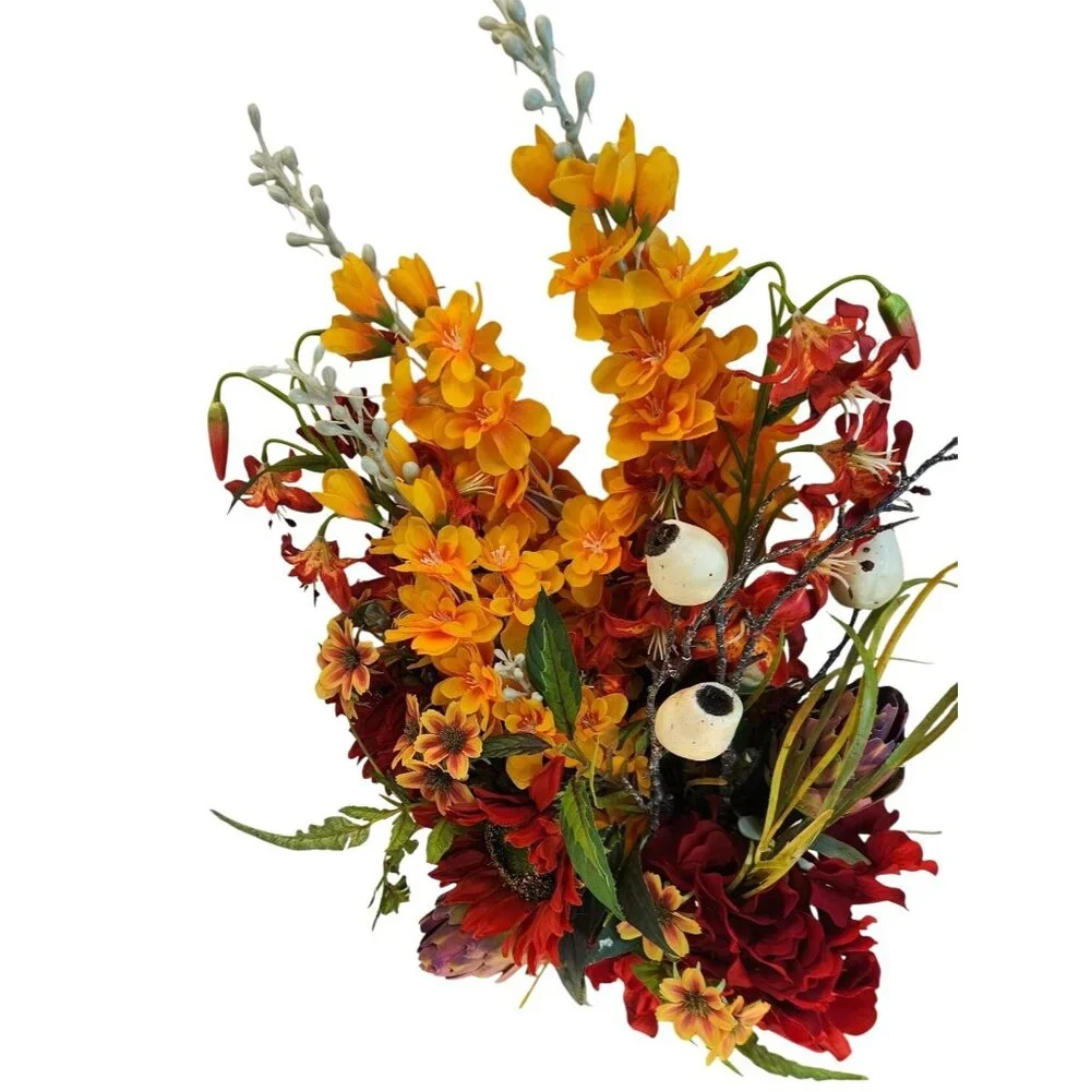 Artificial Floral Arrangement Bouquet - Fall Colors Red Yellow & Textured Accent